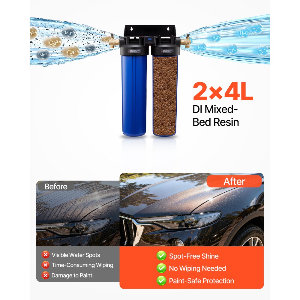 VEVOR Sistema de Agua Desionizada con Resina de 2 x 4 L, Sistema de Lavado de Coche, Desionizador de Agua para Sistema de Lavado Impecable, para Autos, Vehículos Recreativos, Motocicletas, Ventanas