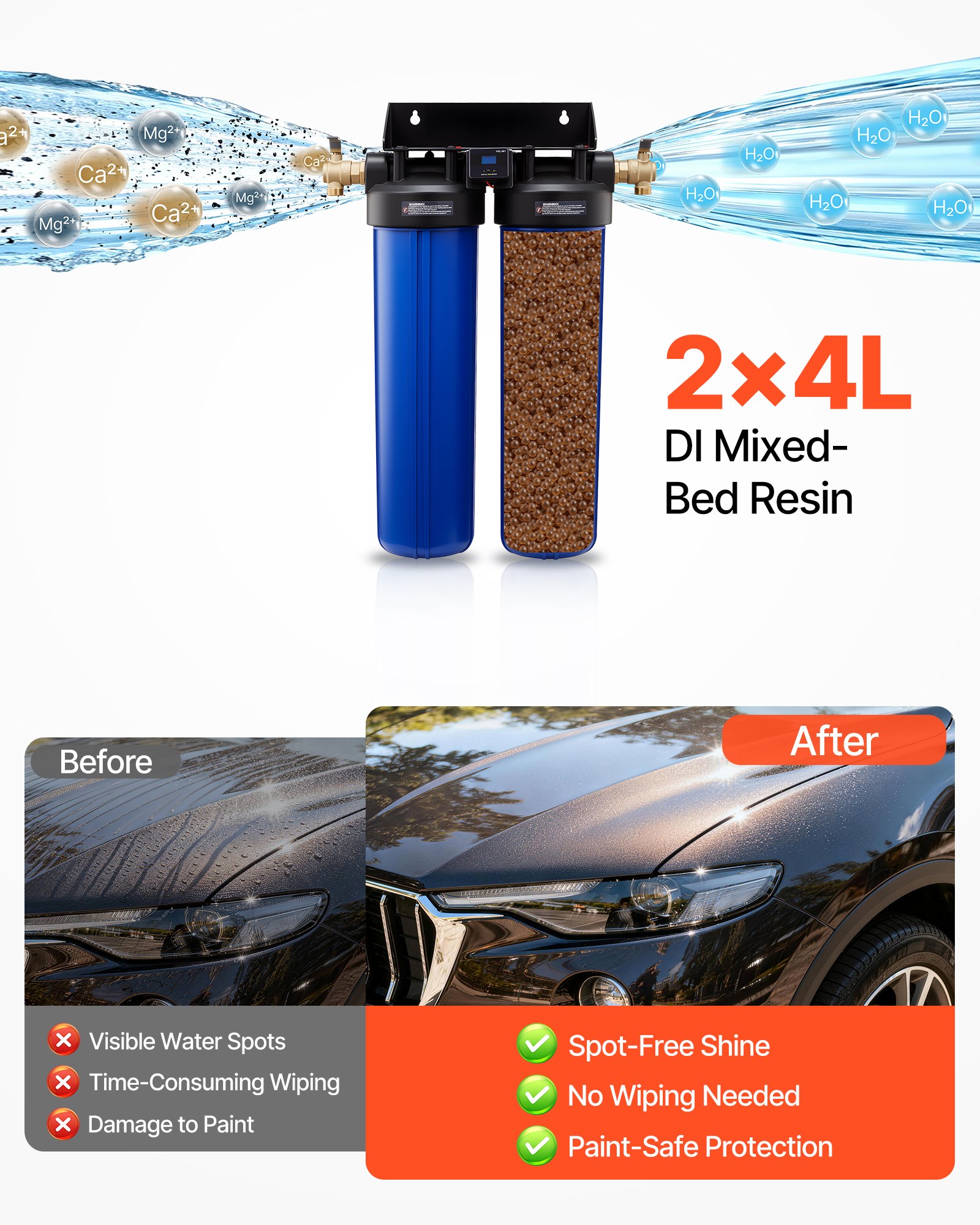 VEVOR Sistema de Agua Desionizada con Resina de 2 x 4 L, Sistema de Lavado de Coche, Desionizador de Agua para Sistema de Lavado Impecable, para Autos, Vehículos Recreativos, Motocicletas, Ventanas