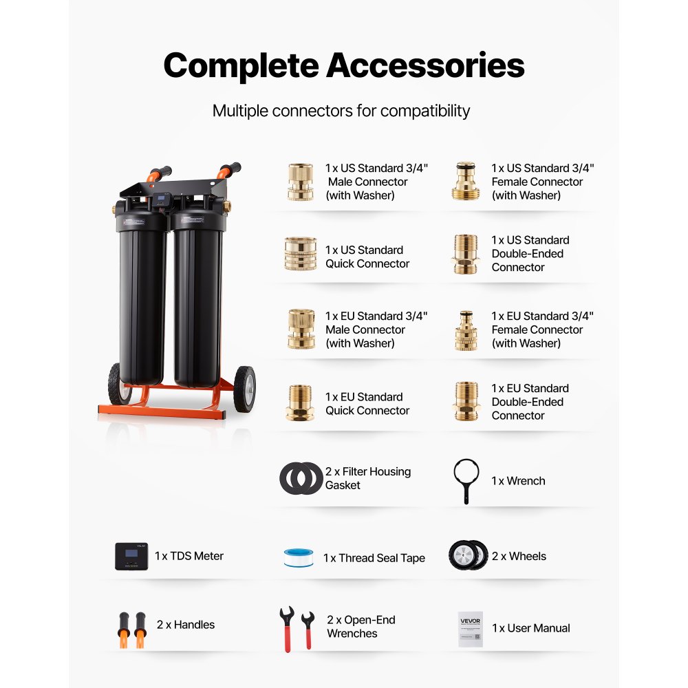 VEVOR Sistema de Agua Desionizada con Resina DI de 2 x 4 L, Sistema de Lavado de Coche con Medidor de TDS, Filtro Desionizador de Agua Portátil y sin Contacto, Tipo de Carrito, para Autos, Ventanas