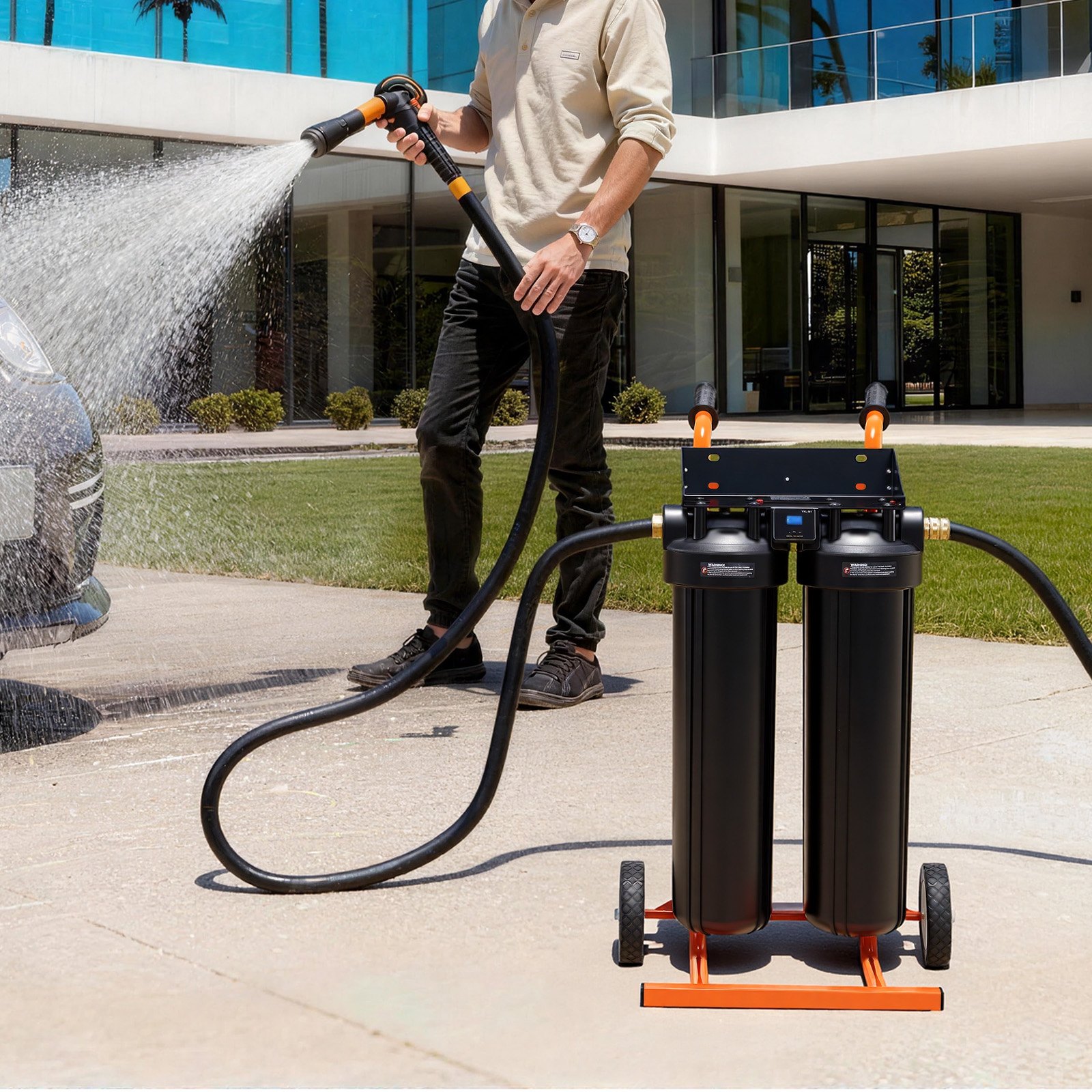 VEVOR Sistema de Agua Desionizada con Resina DI de 2 x 4 L, Sistema de Lavado de Coche con Medidor de TDS, Filtro Desionizador de Agua Portátil y sin Contacto, Tipo de Carrito, para Autos, Ventanas