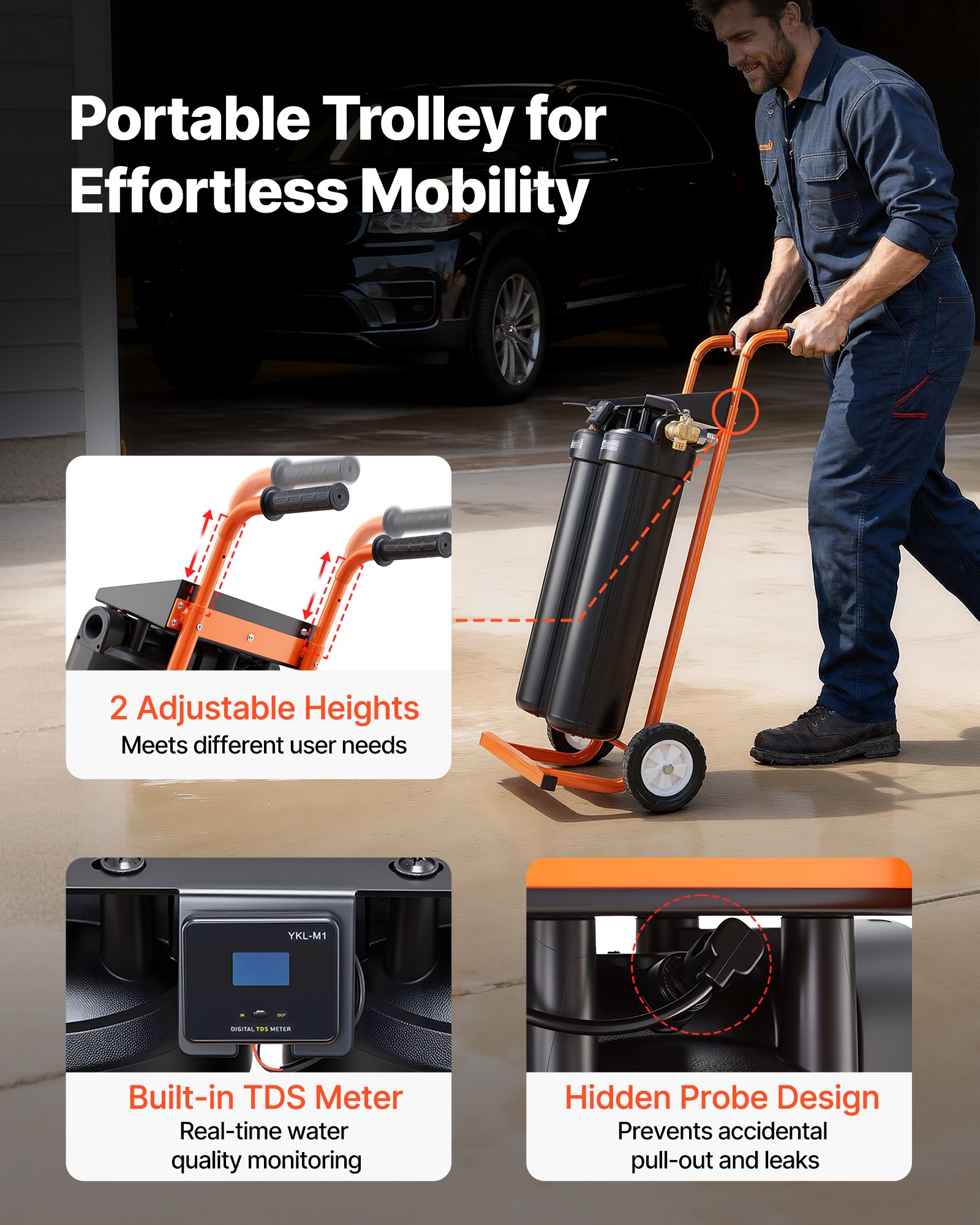 VEVOR Sistema de Agua Desionizada con Resina DI de 2 x 4 L, Sistema de Lavado de Coche con Medidor de TDS, Tipo de Carrito, Desionizador de Agua para Sistema de Lavado Impecable, para Autos, Ventanas