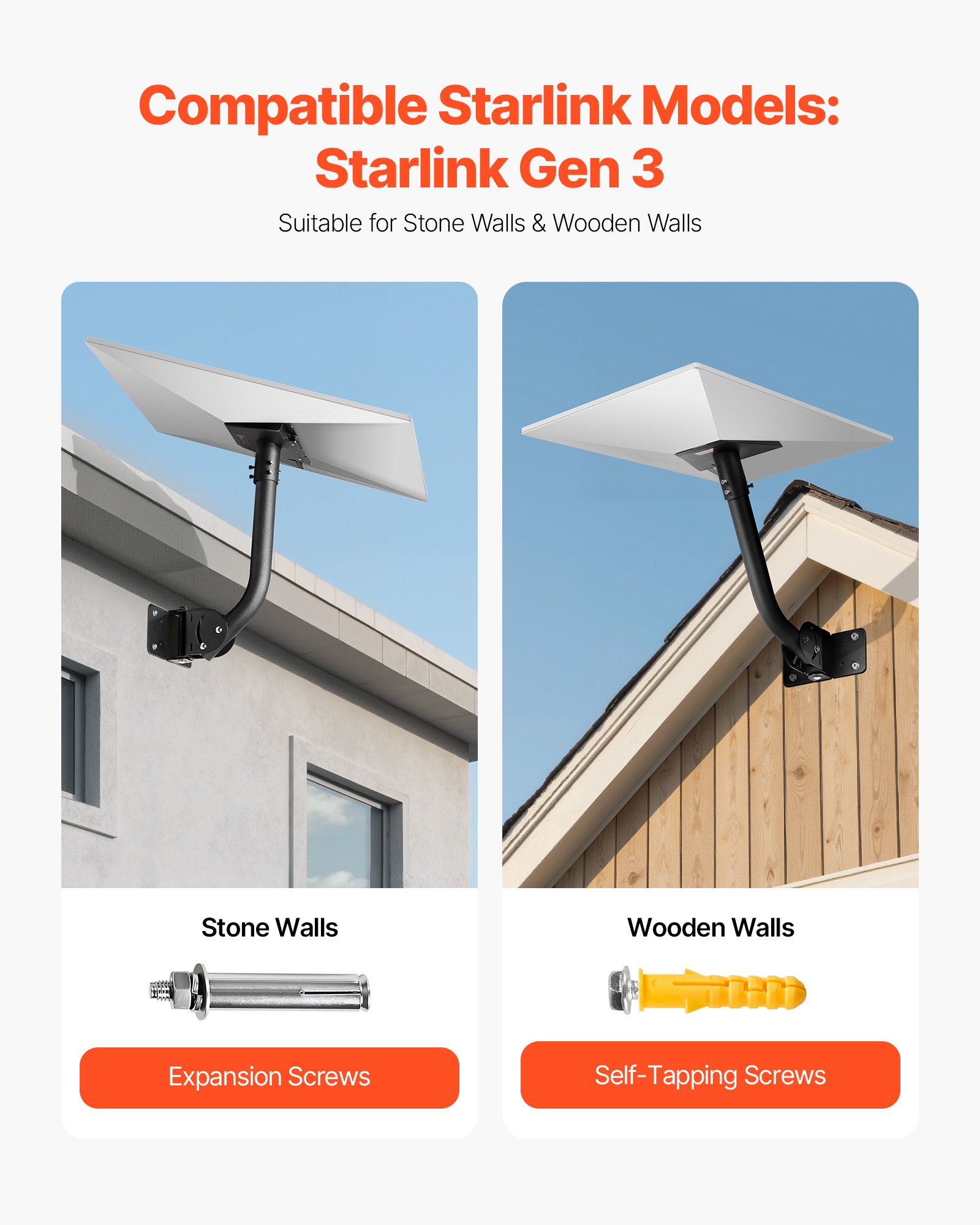 VEVOR Soporte de Starlink Gen 3, Kit de Montaje en Pared con Ángulo Ajustable, Adaptador de Poste Starlink Largo de Acero Resistente, Compatible con Gen3 y V3, Fácil de Montar, Color Negro