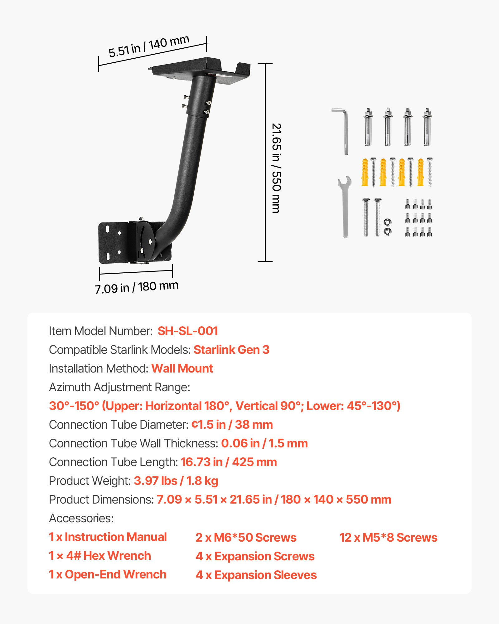 VEVOR Soporte de Starlink Gen 3, Kit de Montaje en Pared con Ángulo Ajustable, Adaptador de Poste Starlink Largo de Acero Resistente, Compatible con Gen3 y V3, Fácil de Montar, Color Negro