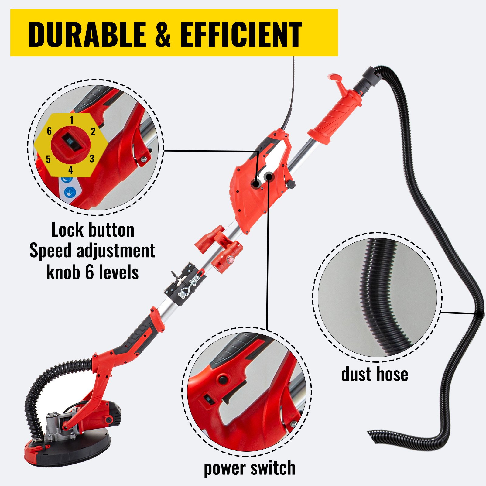 VEVOR Lijadora de Pared 850 W, Pulidora de Obra Seca 850 W, Lijadora Eléctrica para Paredes y Techos, Lijadora Jirafa, Ideal para Lijar Techos y Paredes, Extensible y Plegable, con Tira de Luz LED