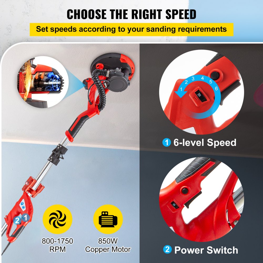 VEVOR Lijadora de Pared 850 W, Pulidora de Obra Seca 850 W, Lijadora Telescópica para Paredes y Techos, Lijadora Jirafa, Ideal para Lijar Techos y Paredes, Plegable con focos LED en el mango y Bolsa de Vacío