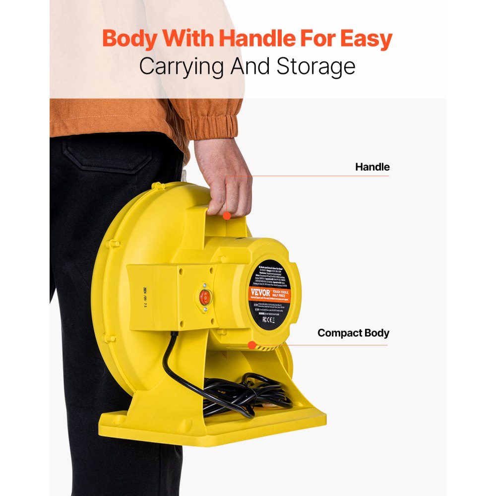 VEVOR Soplador de Aire para Castillos Inflables, 590 W y 690 W, 1,0 HP, Bomba Comercial, Ventilador Eléctrico 2750 RPM, Perfecto a Castillos Inflables, Toboganes de Agua, Amarillo, 360 x 230 x 370 mm