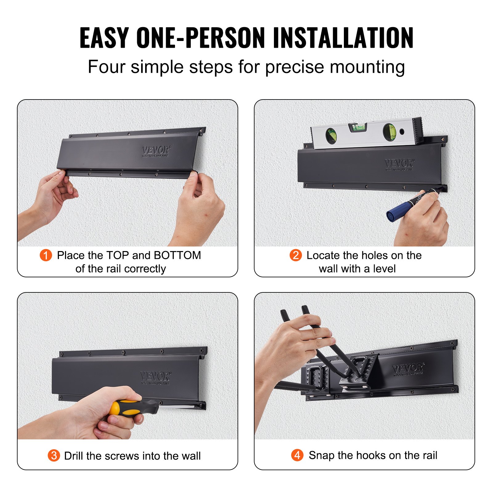 VEVOR Estante para herramientas de garaje montado en pared carga máxima de 600 libras, organizador de almacenamiento de jardín con 10 ganchos ajustables y 4 rieles para herramientas de jardín, palas