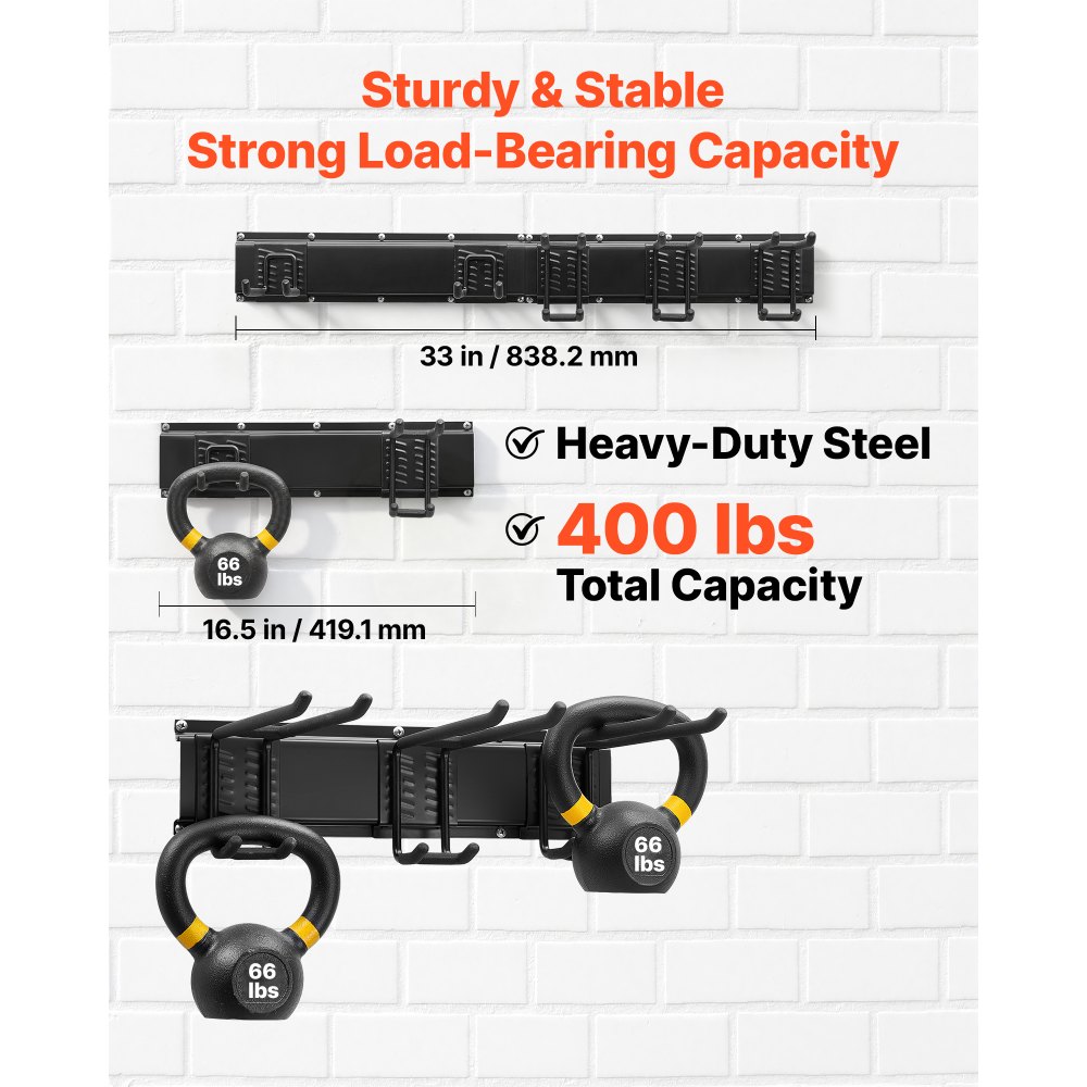 VEVOR Organizador de Herramientas de Pared Capacidad de 181 kg en Total, Acero al Carbono, Estante de Almacenamiento de Pared con 2 Rieles y 5 Ganchos Ajustables, para Garaje Taller Jardín y Cobertizo