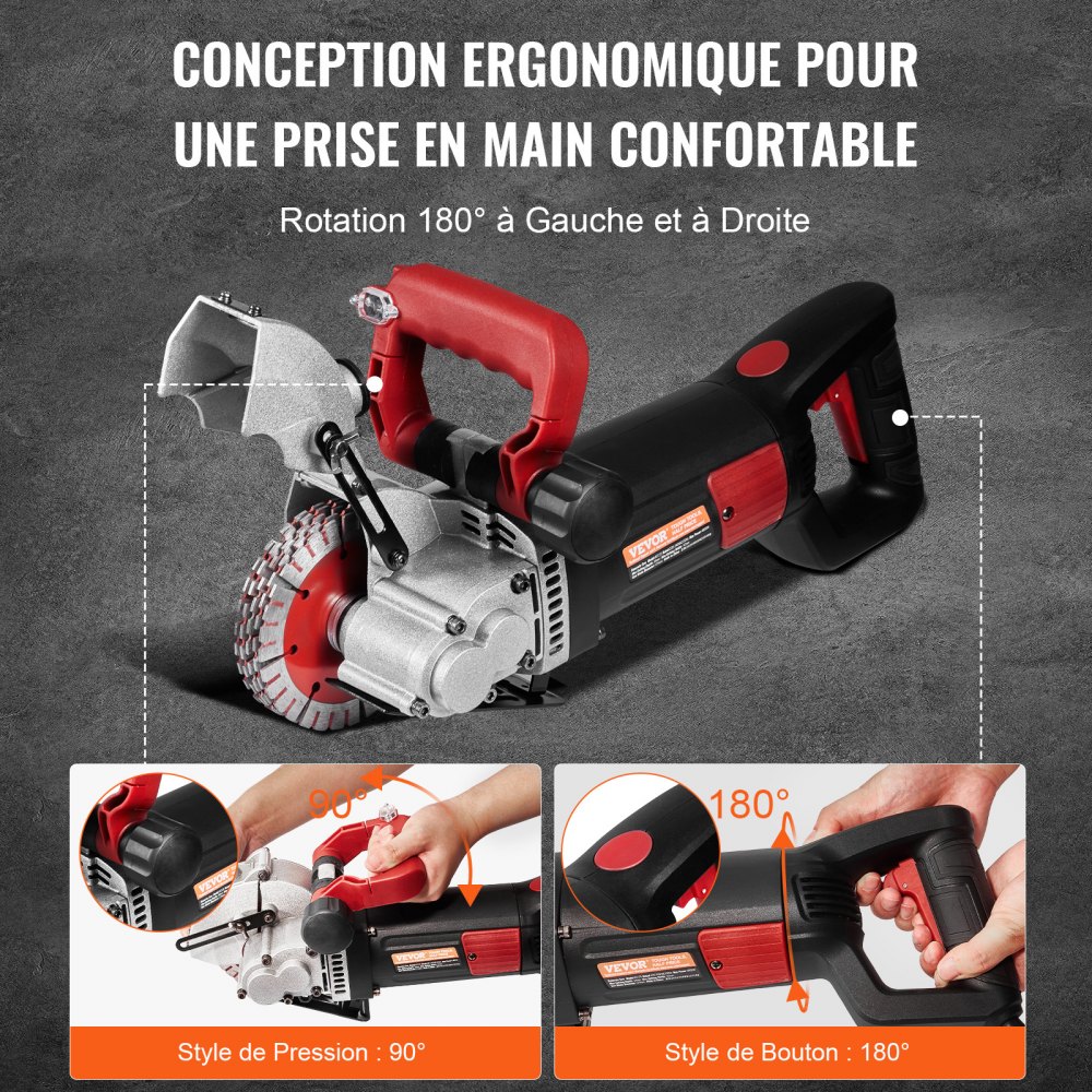 VEVOR Cortadora de Pared Profundidad de Corte de 34 mm Máquina Cortadora de Pared 2500 W Ancho de Corte de 38 mm Ranuradora de Pared con 5 Hojas de Sierra Diámetro de 160 mm con Rayos Infrarrojos