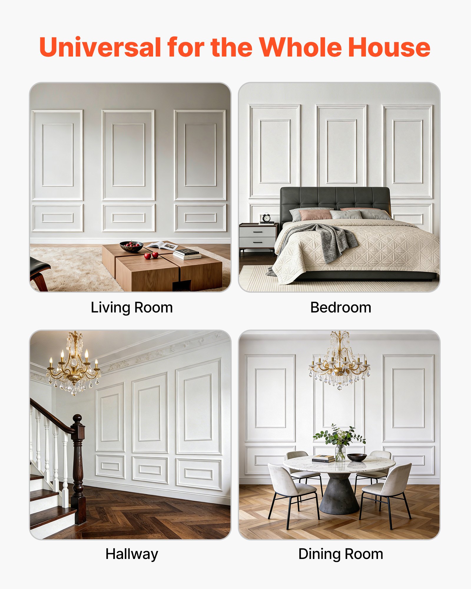 VEVOR Molduras Decorativas para Pared 3 Juegos, Paneles de Revestimiento Precortados, Poliestireno Ligero y Pintable, Estilo Moderno, para Decoración Interior Salón Dormitorio Pared de Acento, Blanco