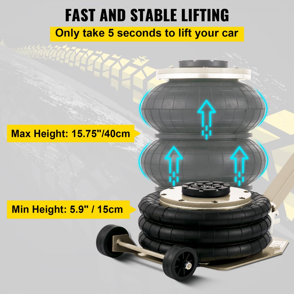 VEVOR Gato Neumático de Aire con Capacidad de 3 T, Gato de Aire para Coche Altura 150-400 mm, Gato Neumático Taller con Mango, Triple Bolsa de Gato Neumático, Gato Neumático para Automóviles, Blanco