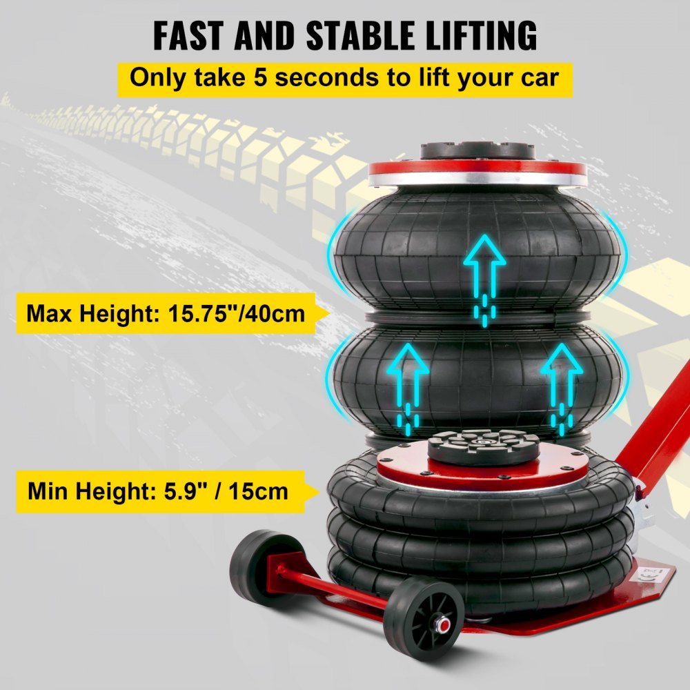 VEVOR Gato Neumático de Aire con Capacidad de 3T, Gato de Aire para Coche Altura 150-400mm, Gato Neumático Taller, Triple Bolsa de Gato Neumático, Gato Neumático para Automóviles, Monovolumen,SUV