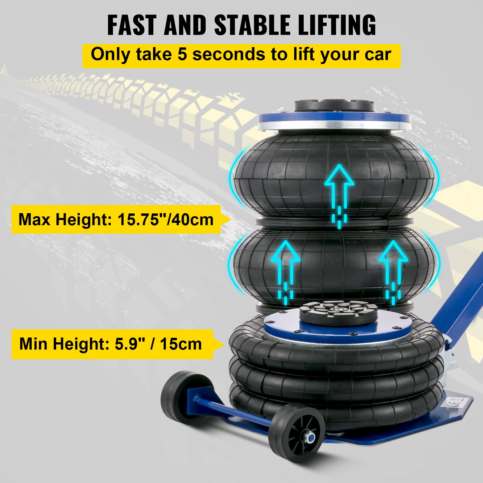 VEVOR Gato Neumático de Aire con Capacidad de 3 T, Gato de Aire para Coche Altura 150-400 mm, Gato Neumático Taller con Mango, Triple Bolsa de Gato Neumático, Gato Neumático para Automóviles, Azul