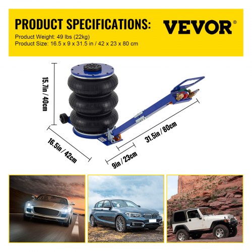 VEVOR Gato Neumático de Aire con Capacidad de 5 T, Gato de Aire para Coche Altura 145-400 mm, Gato Neumático Taller, Triple Bolsa de Gato Neumático, Gato Neumático para Automóviles, Monovolumen, Azul