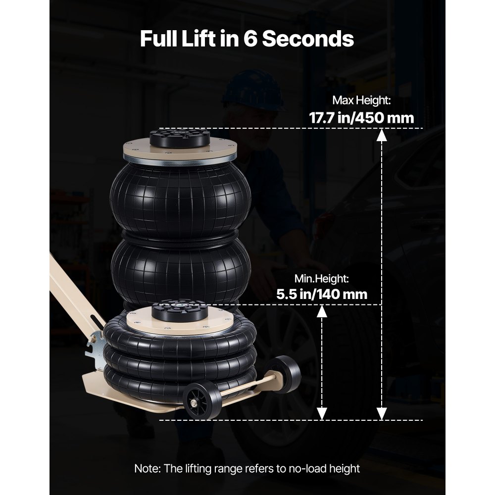 VEVOR Gato Neumático para Coches 3 T, con 6 Tubos de Acero y Manivela Ajustable, Altura de Elevación 140 a 450 mm, para Cambios de Neumáticos y Reparaciones de Vehículo, 1100 x 268 x 140–450 mm