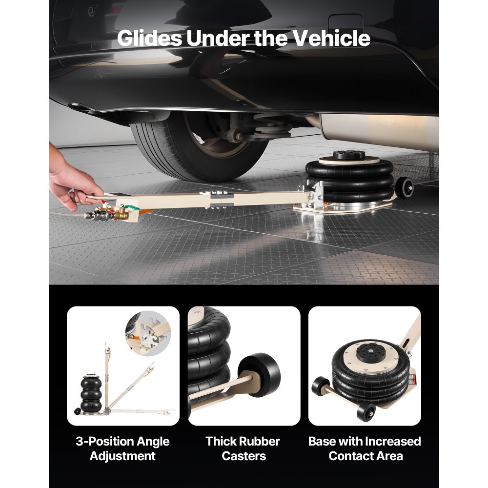 VEVOR Gato Neumático para Coches 3 T, con 6 Tubos de Acero y Manivela Ajustable, Altura de Elevación 140 a 450 mm, para Cambios de Neumáticos y Reparaciones de Vehículo, 1100 x 268 x 140–450 mm
