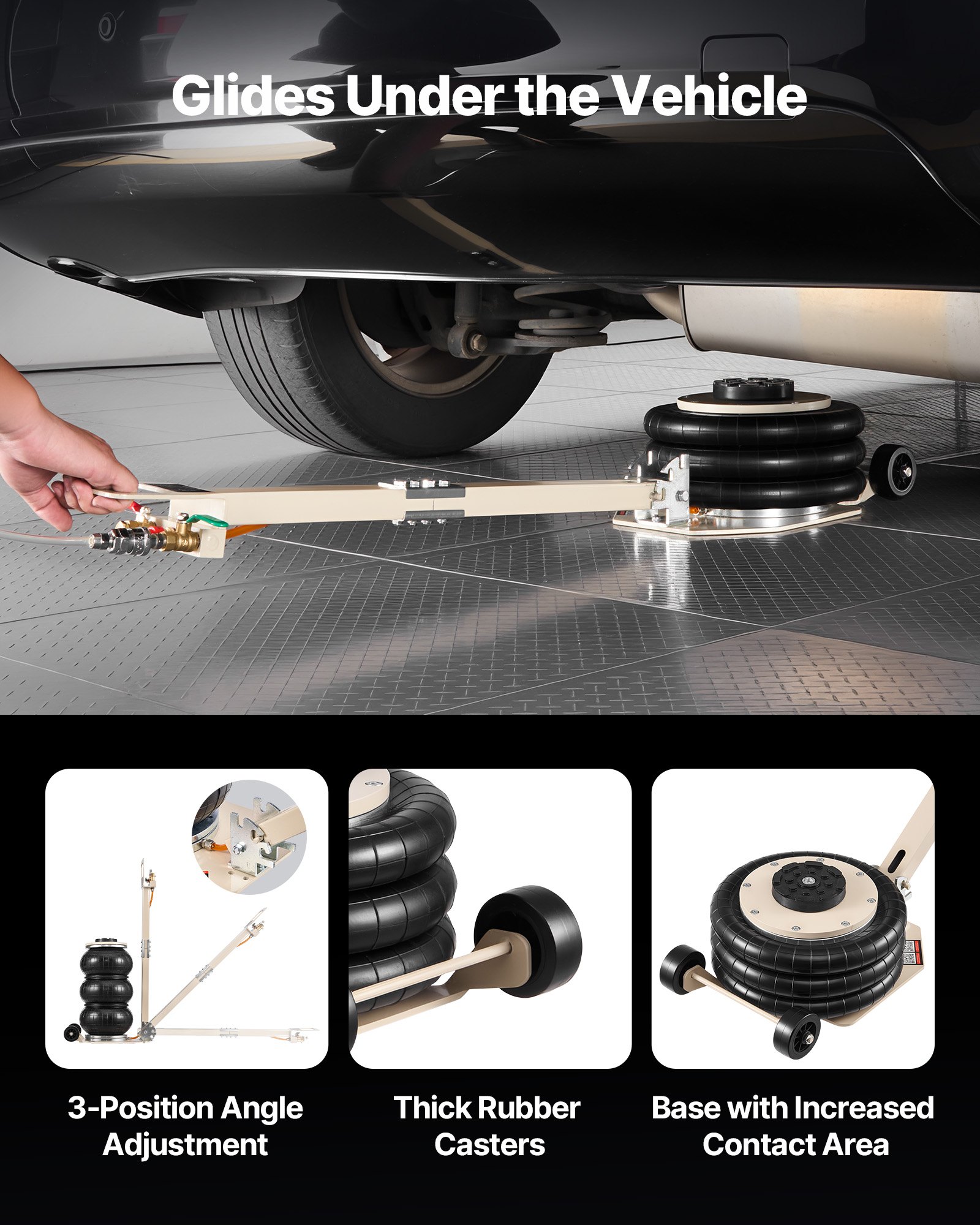 VEVOR Gato Neumático para Coches 3 T, con 6 Tubos de Acero y Manivela Ajustable, Altura de Elevación 140 a 450 mm, para Cambios de Neumáticos y Reparaciones de Vehículo, 1100 x 268 x 140–450 mm