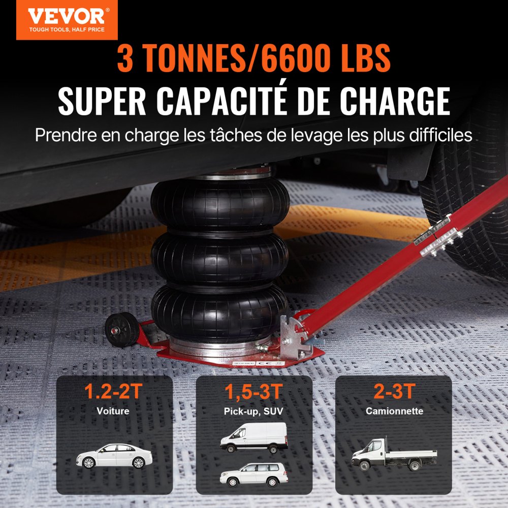 VEVOR Gato Neumático Carga de 3 T Elevación de 140-450 mm Gato Neumático 0,8-1,0 MPa 3 Cojines de Aire Mango Largo Ajustable Elevación Rápida para Reparación de Coches Mantenimiento SUV Taller Garaje