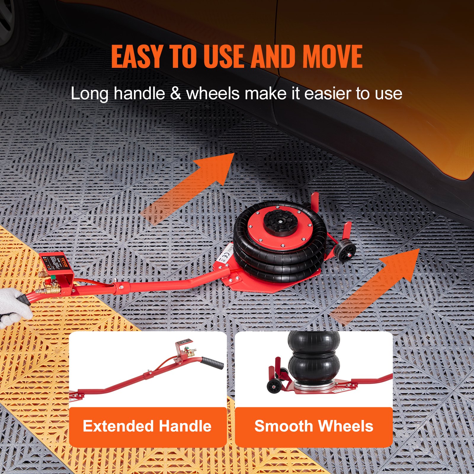 VEVOR Gato Neumático Carga de 3T Elevación de 140-450 mm Gato Neumático 0,8-1,0MPa 3 Cojines de Aire Mango Largo Fácil Elevación Rápida para Reparación de Coches Mantenimiento SUV Pickup Taller Garaje