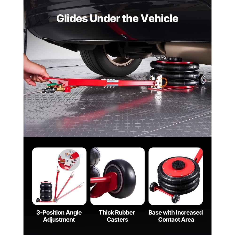 VEVOR Gato Neumático para Coches de 5 T, con 6 Tubos de Acero y Mango Largo Ajustable, Altura de Elevación de 140 a 464 mm, para Coches, SUV y Camionetas, 1210 x 325 x 140-464 mm, Color Rojo