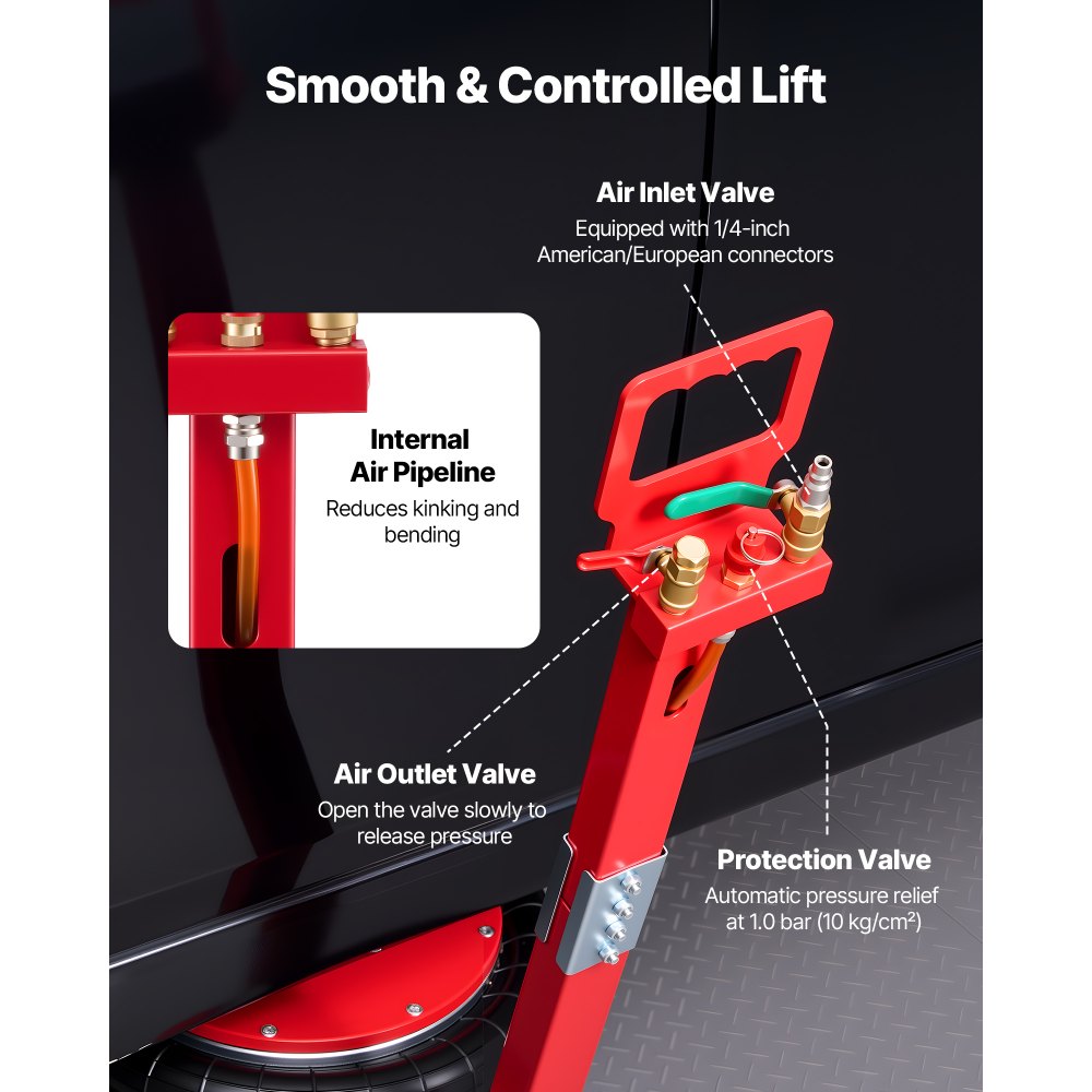 VEVOR Gato Neumático para Coches de 5 T, con 6 Tubos de Acero y Mango Largo Ajustable, Altura de Elevación de 140 a 464 mm, para Coches, SUV y Camionetas, 1210 x 325 x 140-464 mm, Color Rojo