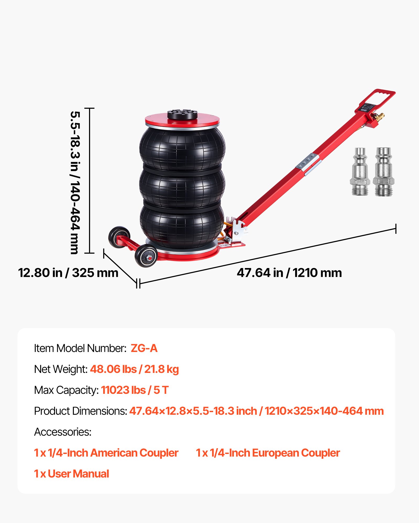 VEVOR Gato Neumático para Coches de 5 T, con 6 Tubos de Acero y Mango Largo Ajustable, Altura de Elevación de 140 a 464 mm, para Coches, SUV y Camionetas, 1210 x 325 x 140-464 mm, Color Rojo