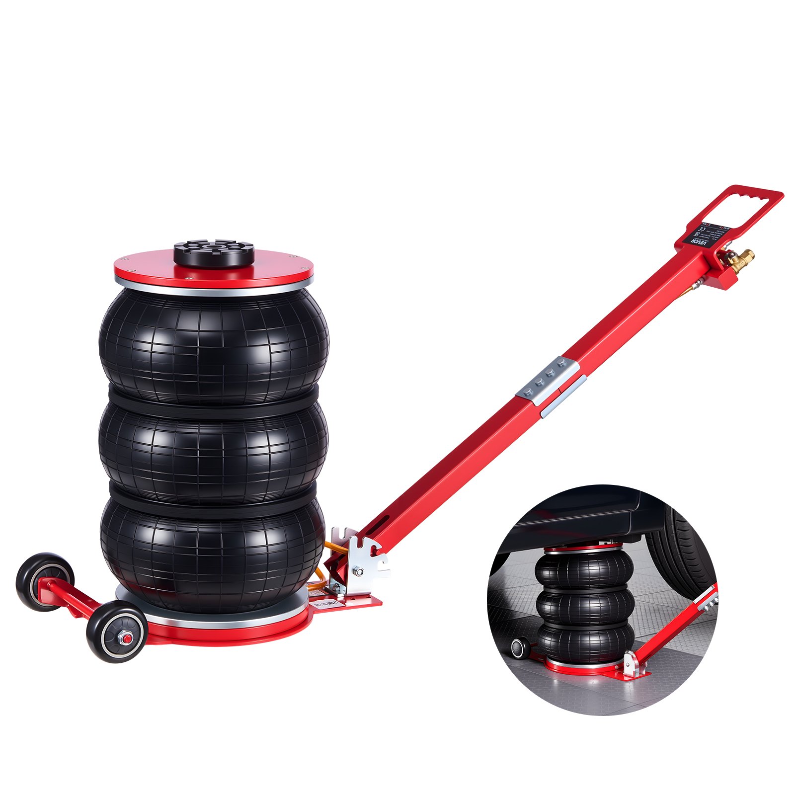 VEVOR Gato Neumático para Coches de 5 T, con 6 Tubos de Acero y Mango Largo Ajustable, Altura de Elevación de 140 a 464 mm, para Coches, SUV y Camionetas, 1210 x 325 x 140-464 mm, Color Rojo