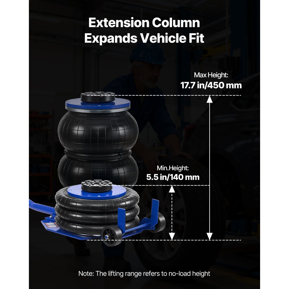 VEVOR Gato Neumático Eficiente para Coches 3 T, con 6 Tubos de Acero, Mango Largo y Almohadilla de Goma, Altura de Elevación de 140 a 450 mm, para Coches, SUV y Camionetas, 1030 x 268 x 140–450 mm