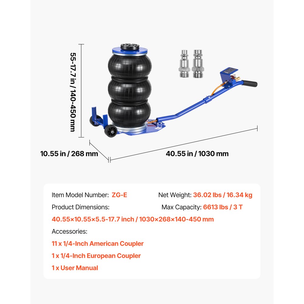 VEVOR Gato Neumático Eficiente para Coches 3 T, con 6 Tubos de Acero, Mango Largo y Almohadilla de Goma, Altura de Elevación de 140 a 450 mm, para Coches, SUV y Camionetas, 1030 x 268 x 140–450 mm