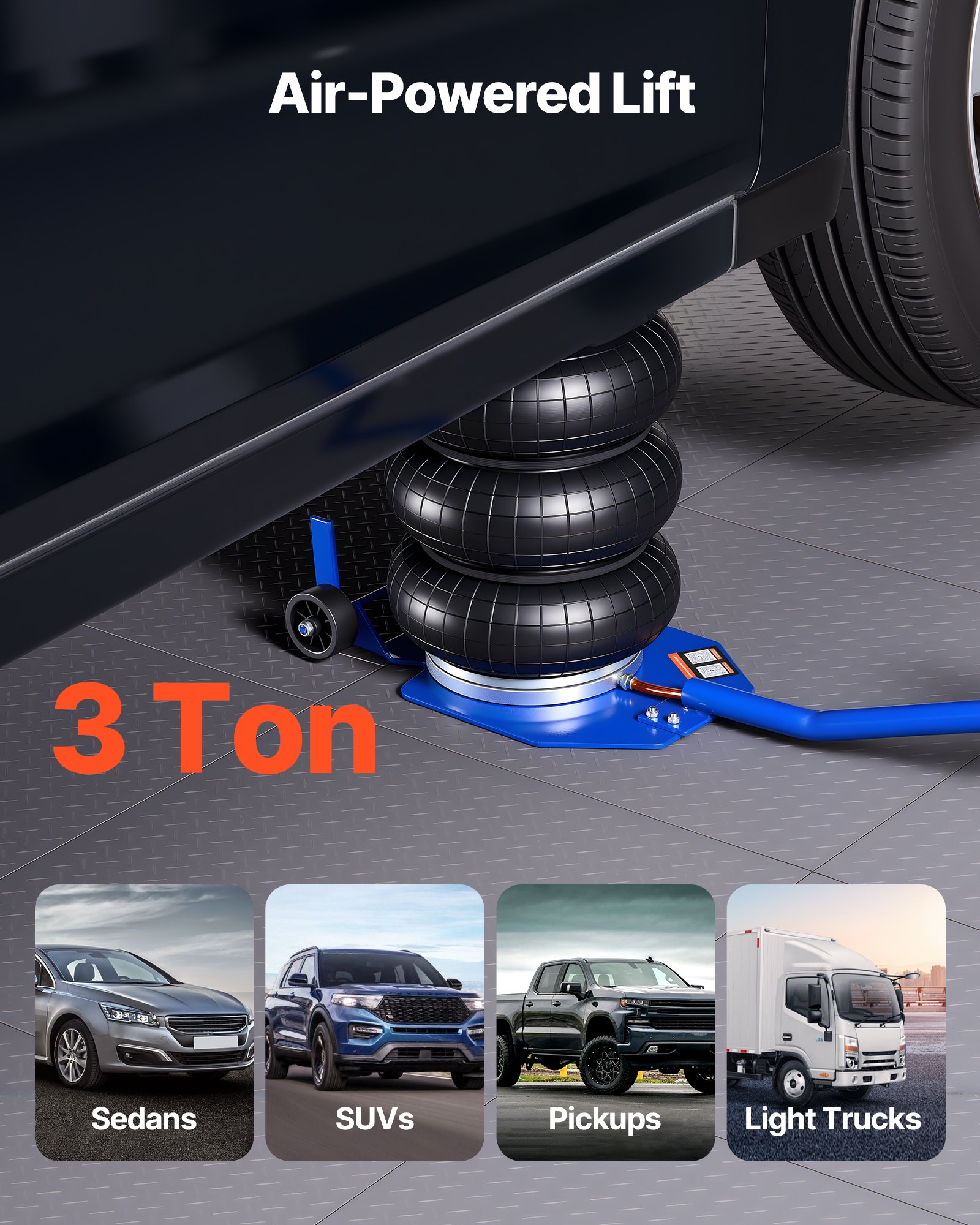 VEVOR Gato Neumático Eficiente para Coches 3 T, con 6 Tubos de Acero, Mango Largo y Almohadilla de Goma, Altura de Elevación de 140 a 450 mm, para Coches, SUV y Camionetas, 1030 x 268 x 140–450 mm