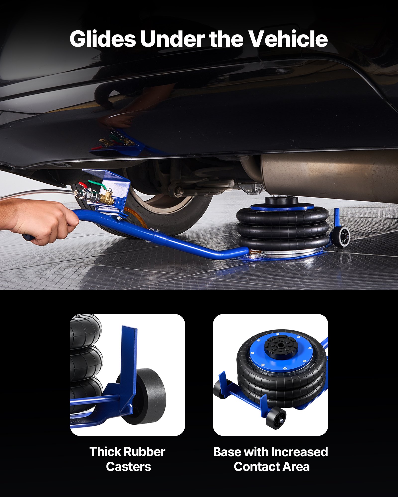 VEVOR Gato Neumático Eficiente para Coches 3 T, con 6 Tubos de Acero, Mango Largo y Almohadilla de Goma, Altura de Elevación de 140 a 450 mm, para Coches, SUV y Camionetas, 1030 x 268 x 140–450 mm