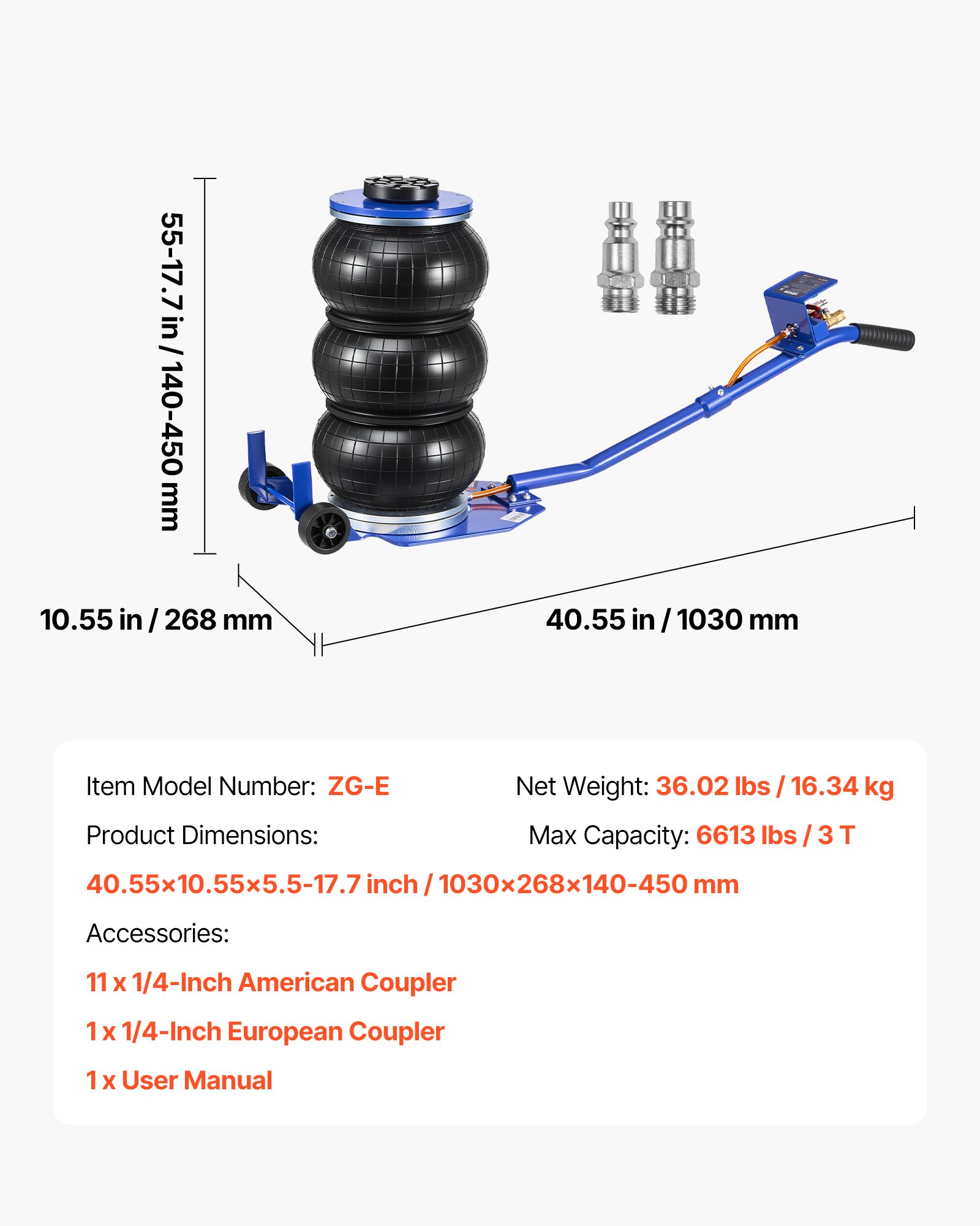 VEVOR Gato Neumático Eficiente para Coches 3 T, con 6 Tubos de Acero, Mango Largo y Almohadilla de Goma, Altura de Elevación de 140 a 450 mm, para Coches, SUV y Camionetas, 1030 x 268 x 140–450 mm