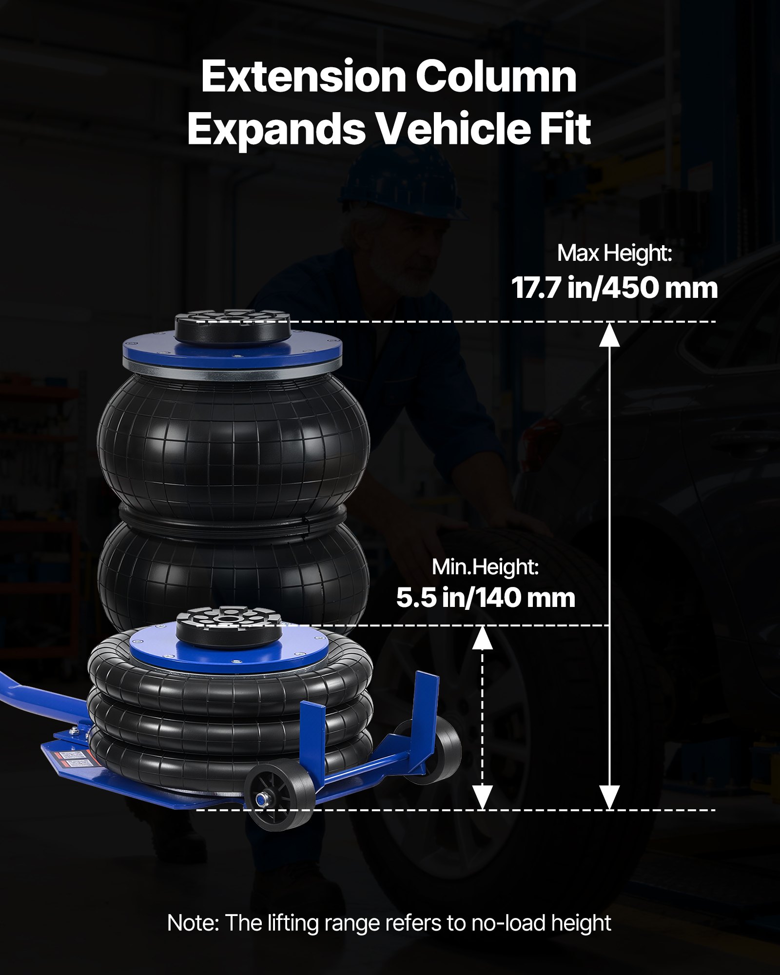 VEVOR Gato Neumático Eficiente para Coches 3 T, con 6 Tubos de Acero, Mango Largo y Almohadilla de Goma, Altura de Elevación de 140 a 450 mm, para Coches, SUV y Camionetas, 1030 x 268 x 140–450 mm