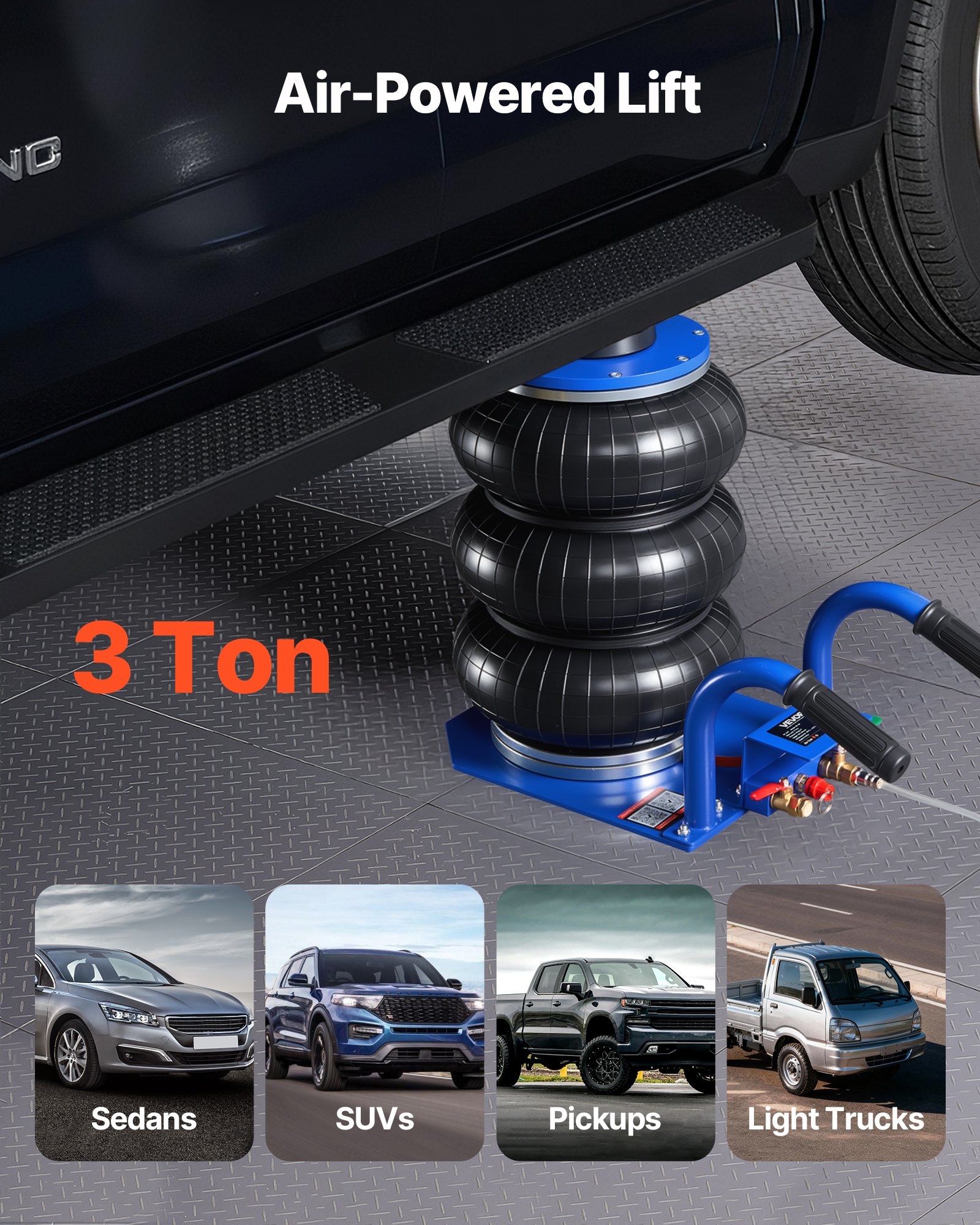 VEVOR Gato Neumático de 3 T con 6 Tubos de Acero, Mango Corto y Triple Bolsa de Aire, Altura Máxima de Elevación de 45 cm, para Coches, SUV, Camionetas y Talleres, 510 x 268 x 140–450 mm, Azul