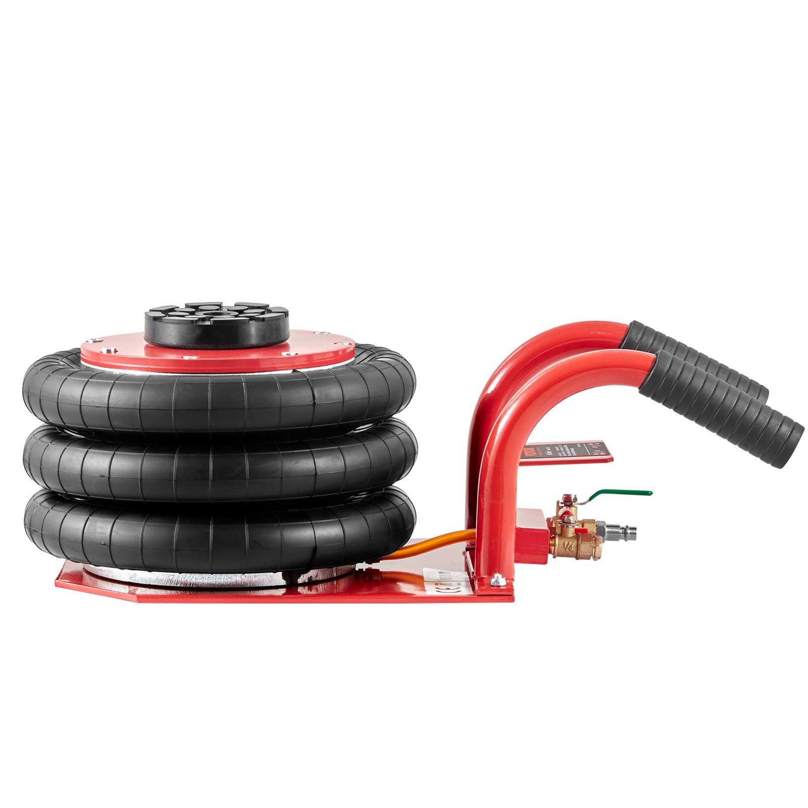 Gato neumático VEVOR rojo y negro con tres cámaras de aire y asa para elevar vehículos.