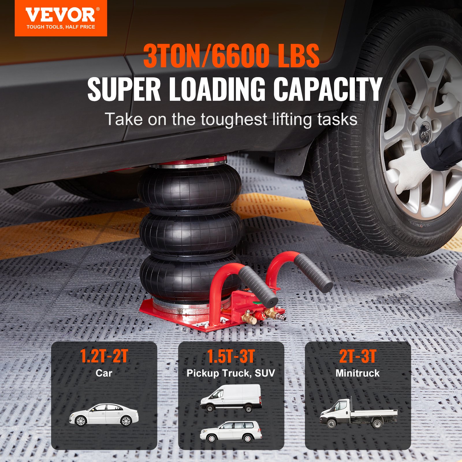 VEVOR Gato Neumático de Triple Bolsa Carga de 3 T Gato de Aire para Coche Elevación de 140-450 mm Gato Hidráulico Elevador Rápido para Reparación Mantenimiento Coche SUV Taller Garaje