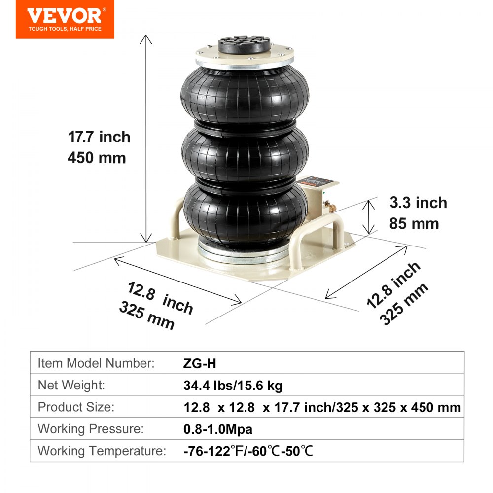 VEVOR Pneumatic Car Jack Air Jack 3 t, White Triple Bag Air Jack 140-450 mm Lifting Height Bag Air Car Jack, 5 Minute Lift Air Jack Car Jack for SUV, Truck, Bus etc.