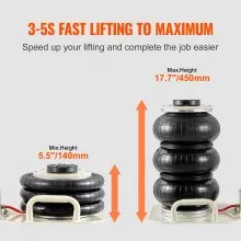 VEVOR Gato Neumático Carga de 3 T Gato de Aire de Triple Bolsa Elevación de 140-450 mm Gato de Aire para Coche 0,8-1,0 MPa Elevación Rápida 3-5S, con Asas Laterales para Coches, Garajes, Reparaciones