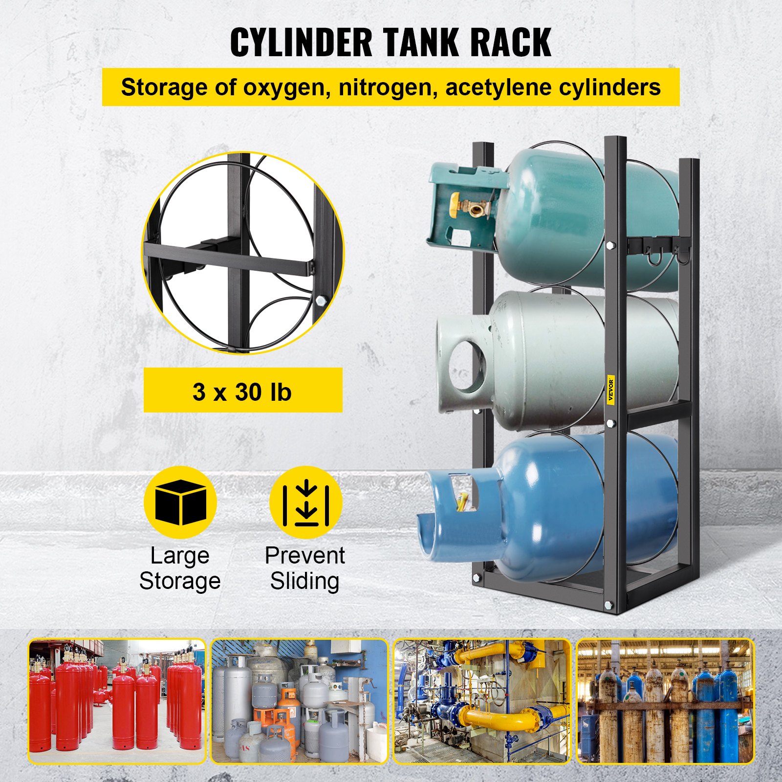 VEVOR Almacenamiento de Botellas de Gas Capacidad de 3 x 13,6 kg Estante para Botellas de Refrigerante de Acero al Carbono para Almacenar Oxígeno, Nitrógeno, Acetileno y Botellas de Refrigerante