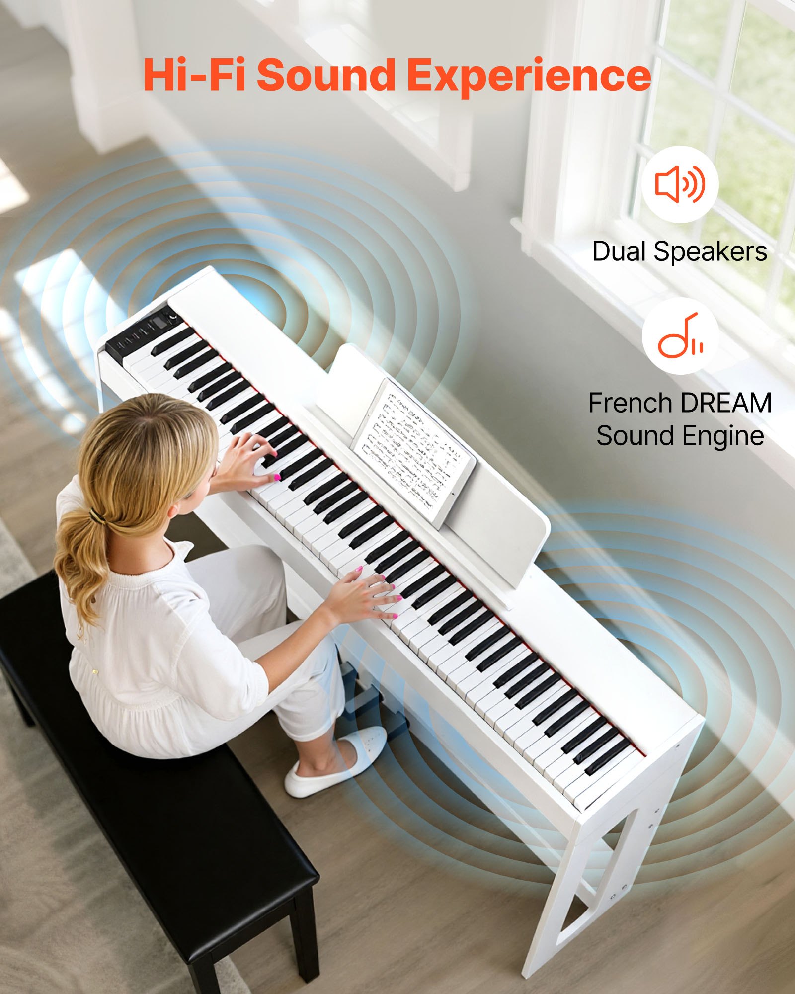 VEVOR Piano Digital 88 Teclas, Modo de Teclado Dual, Altavoces, con Atril, Soporte, Pedal de Sostenido, Adaptador CC, 280 Tonos, Conexión Inalámbrica, Principiantes, Blanco, 1310 x 300 x 850 mm