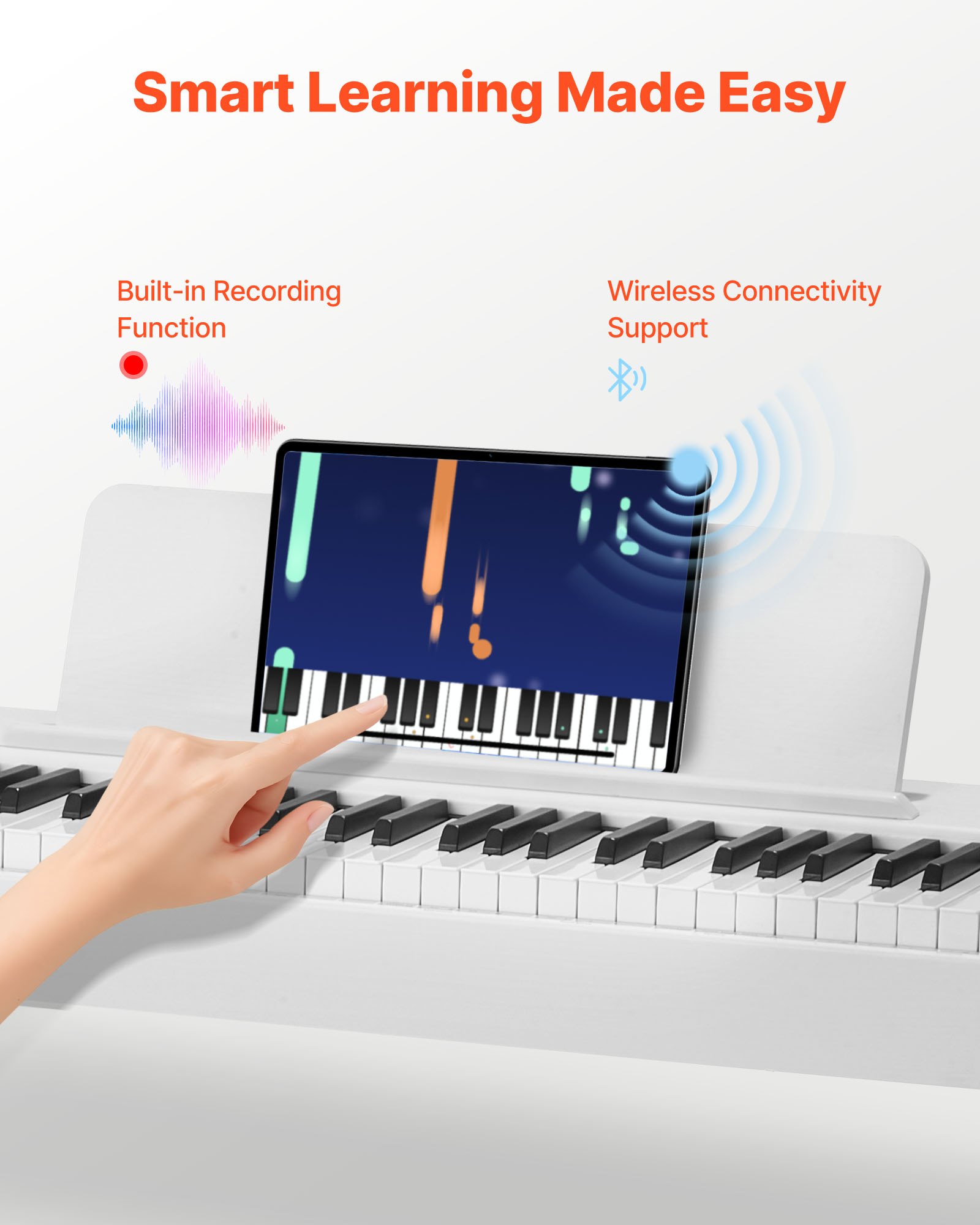 VEVOR Piano Digital 88 Teclas, Modo de Teclado Dual, Altavoces, con Atril, Soporte, Pedal de Sostenido, Adaptador CC, 280 Tonos, Conexión Inalámbrica, Principiantes, Blanco, 1310 x 300 x 850 mm