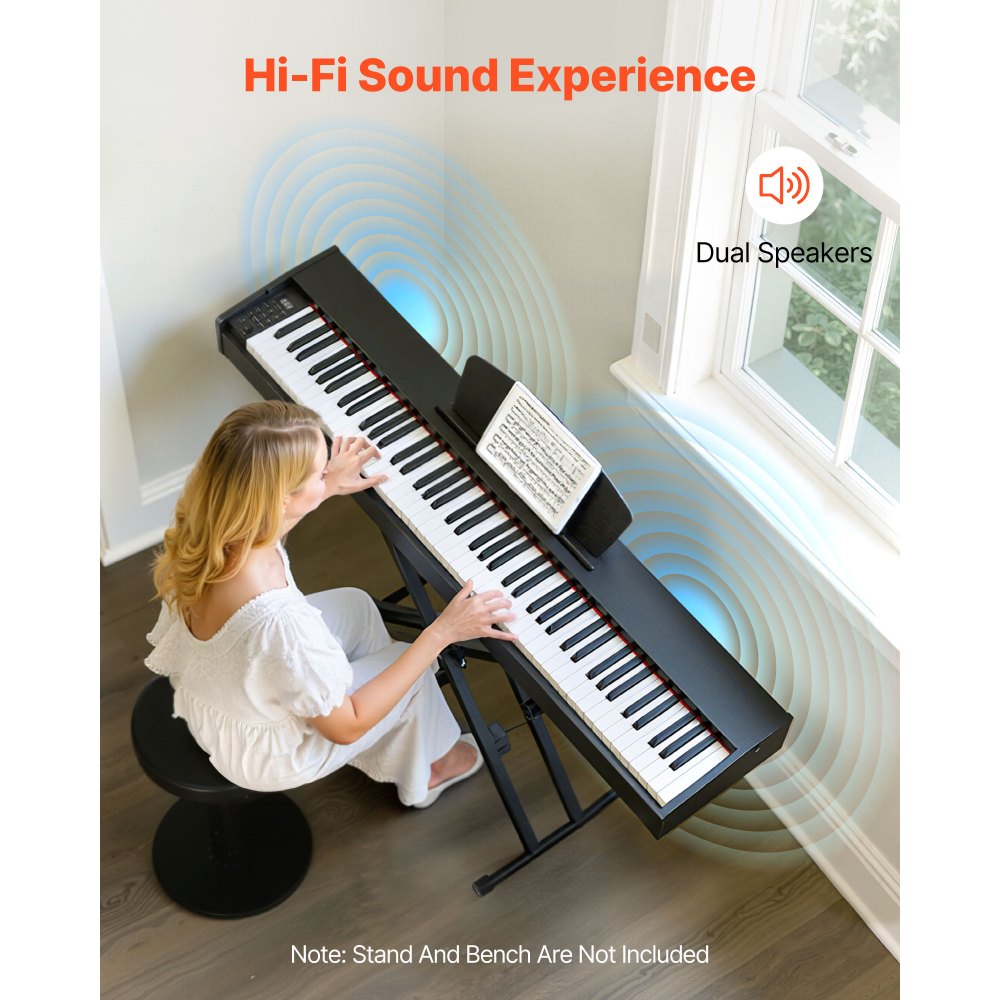 VEVOR Piano Digital de 88 Teclas Contrapesadas, Modo de Teclado Dual, Altavoces, Pedal de Sustain, Función de Grabación, 238 Tonos, Conexión Inalámbrica, para Principiantes, Negro, sin Soporte