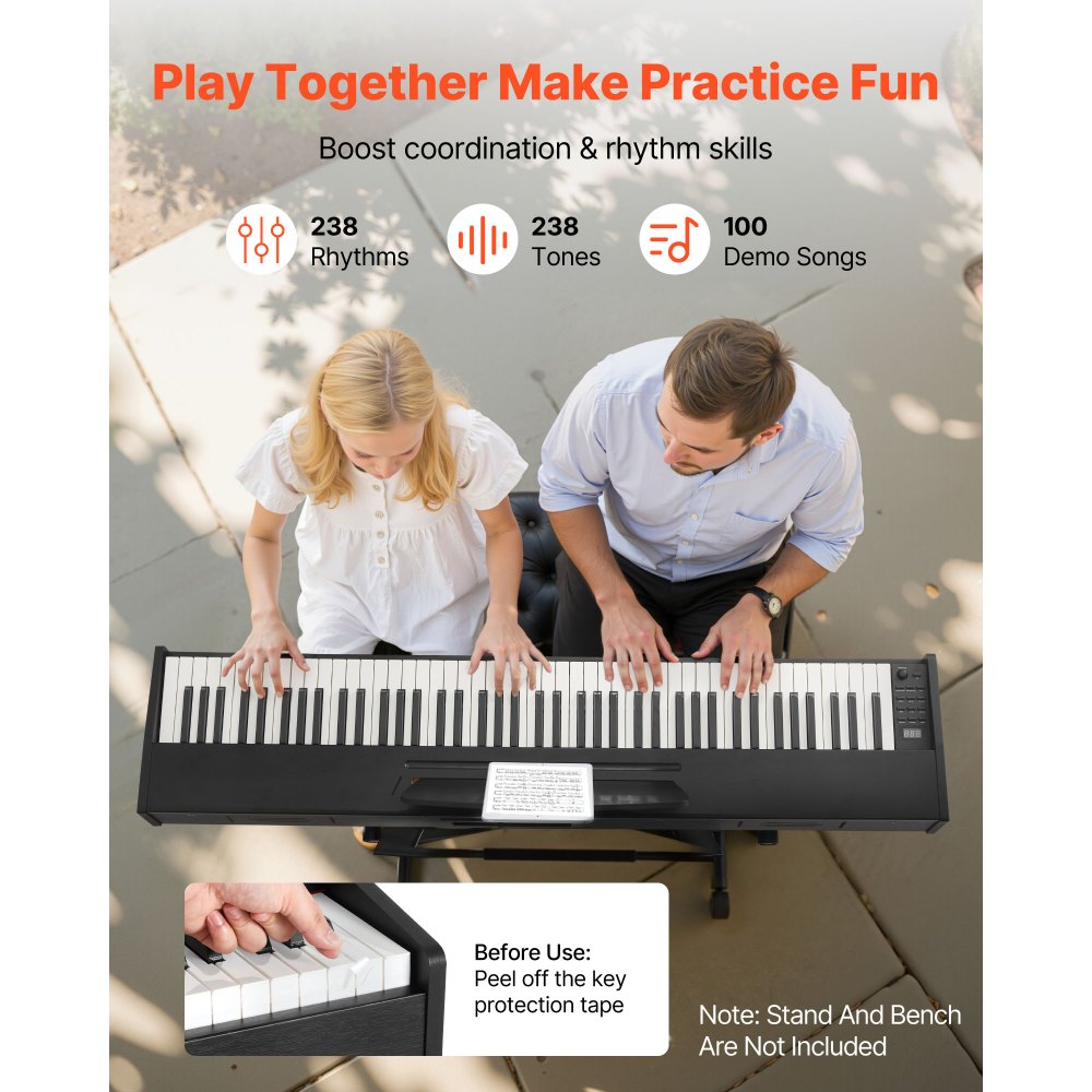 VEVOR Piano Digital de 88 Teclas Contrapesadas, Modo de Teclado Dual, Altavoces, Pedal de Sustain, Función de Grabación, 238 Tonos, Conexión Inalámbrica, para Principiantes, Negro, sin Soporte