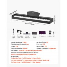 VEVOR Piano Digital de 88 Teclas Contrapesadas, Modo de Teclado Dual, Altavoces, Pedal de Sustain, Función de Grabación, 238 Tonos, Conexión Inalámbrica, para Principiantes, Negro, sin Soporte