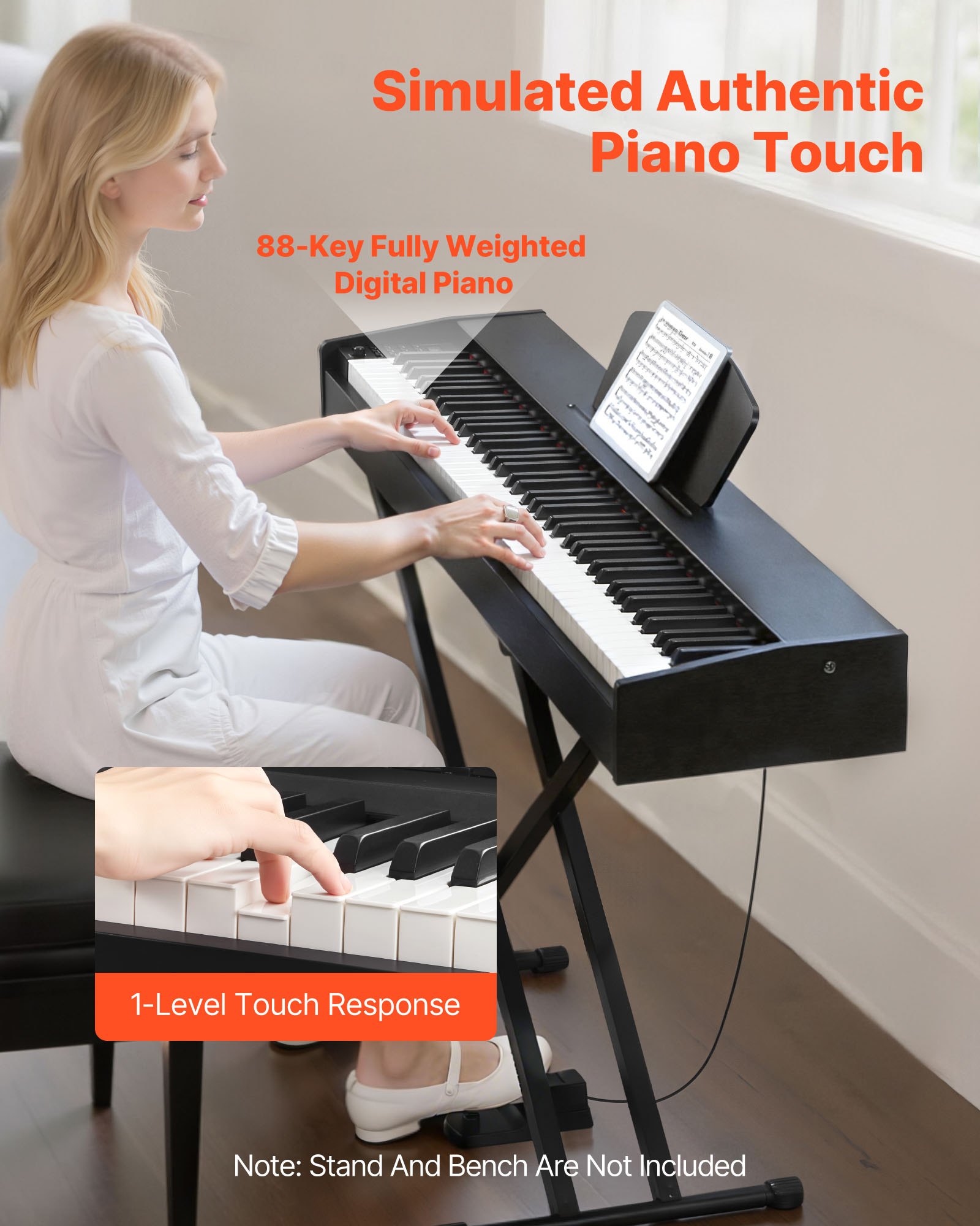 VEVOR Piano Digital de 88 Teclas Contrapesadas, Modo de Teclado Dual, Altavoces, Pedal de Sustain, Función de Grabación, 238 Tonos, Conexión Inalámbrica, para Principiantes, Negro, sin Soporte