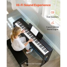 VEVOR Piano Digital 88 Teclas, Modo de Teclado Dual, Altavoces, con Atril, Soporte, Pedal de Sostenido, Adaptador CC, 280 Tonos, Conexión Inalámbrica, a Principiantes, Negro, 1310 x 300 x 850 mm