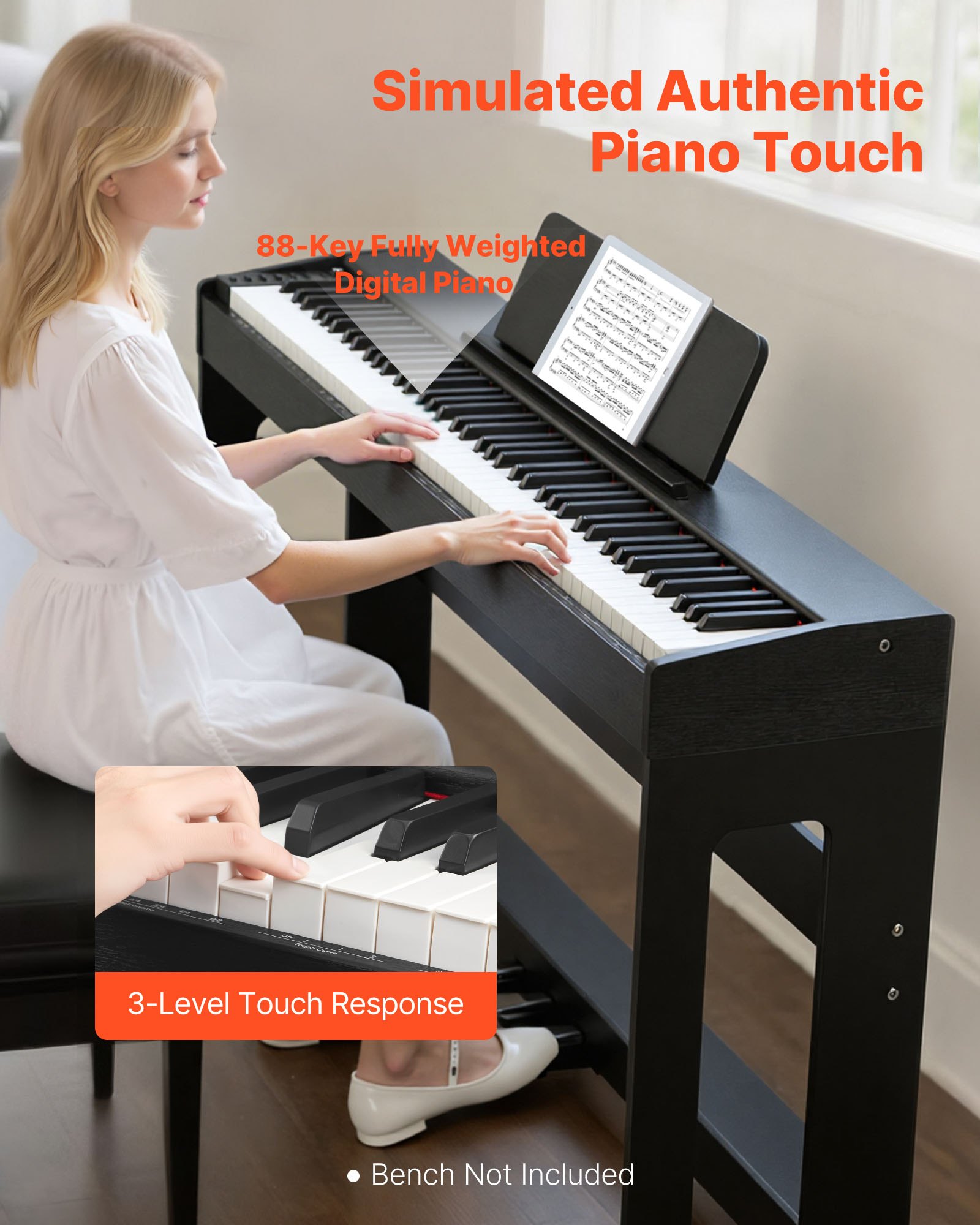 VEVOR Piano Digital 88 Teclas, Modo de Teclado Dual, Altavoces, con Atril, Soporte, Pedal de Sostenido, Adaptador CC, 280 Tonos, Conexión Inalámbrica, a Principiantes, Negro, 1310 x 300 x 850 mm