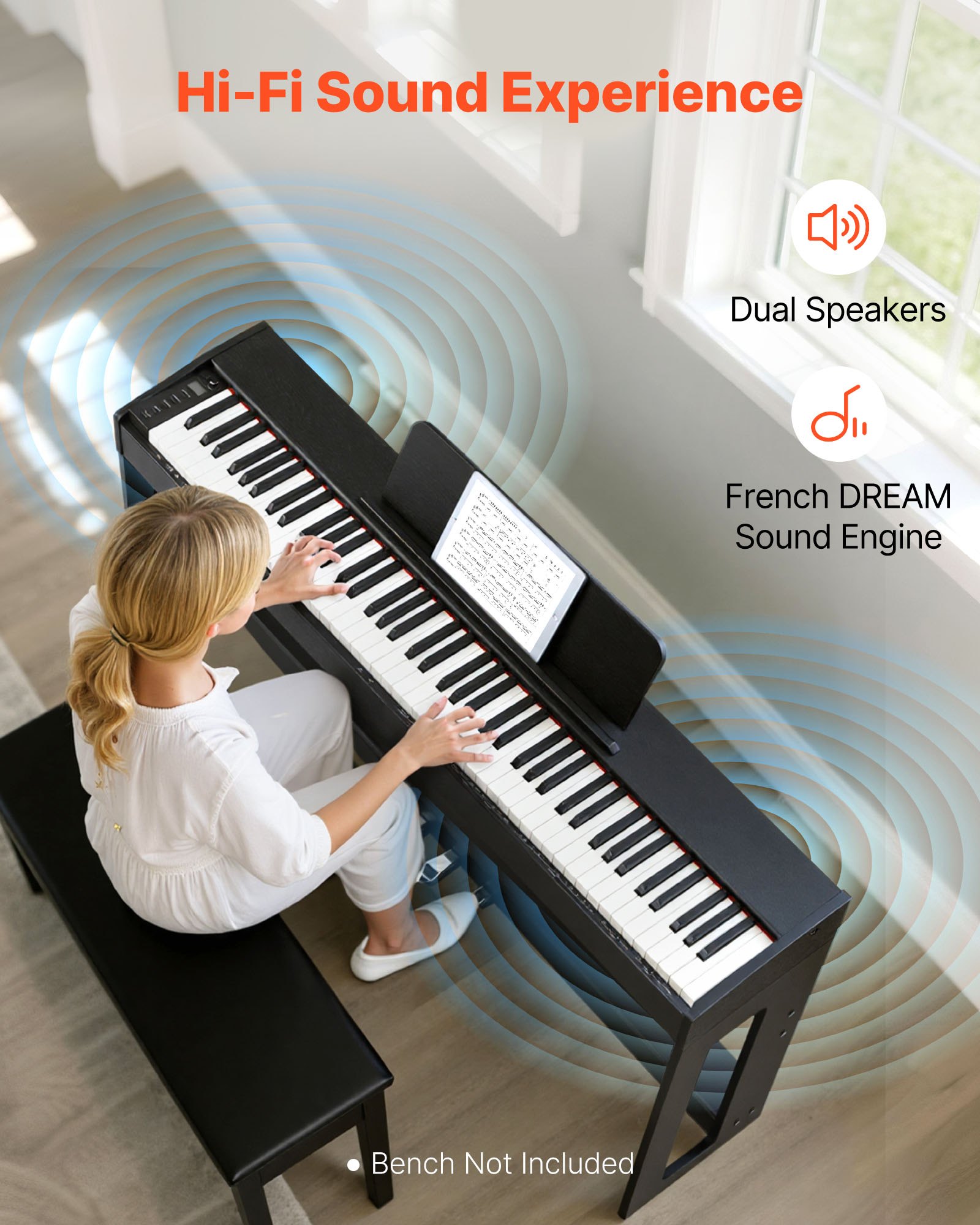 VEVOR Piano Digital 88 Teclas, Modo de Teclado Dual, Altavoces, con Atril, Soporte, Pedal de Sostenido, Adaptador CC, 280 Tonos, Conexión Inalámbrica, a Principiantes, Negro, 1310 x 300 x 850 mm