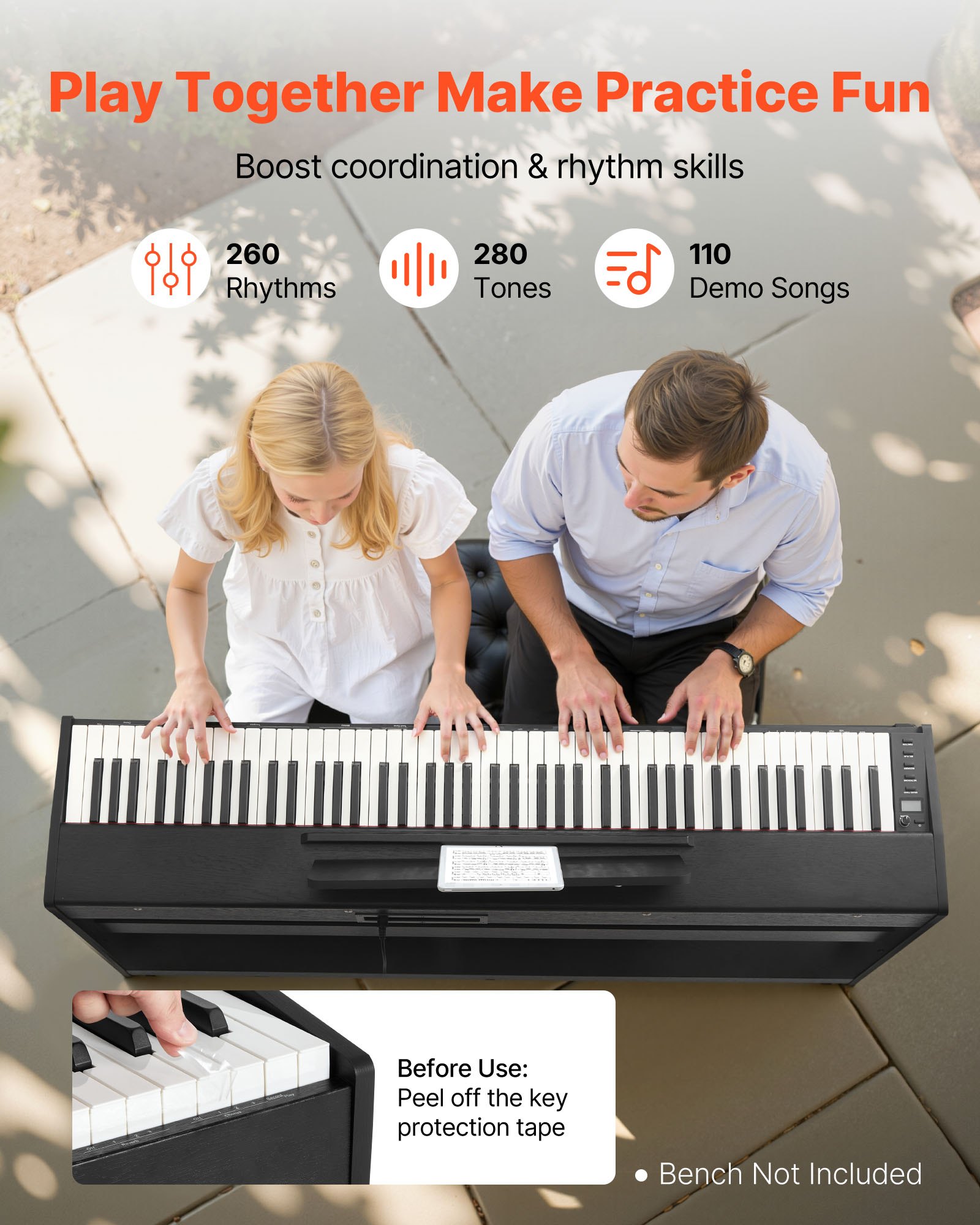 VEVOR Piano Digital 88 Teclas, Modo de Teclado Dual, Altavoces, con Atril, Soporte, Pedal de Sostenido, Adaptador CC, 280 Tonos, Conexión Inalámbrica, a Principiantes, Negro, 1310 x 300 x 850 mm