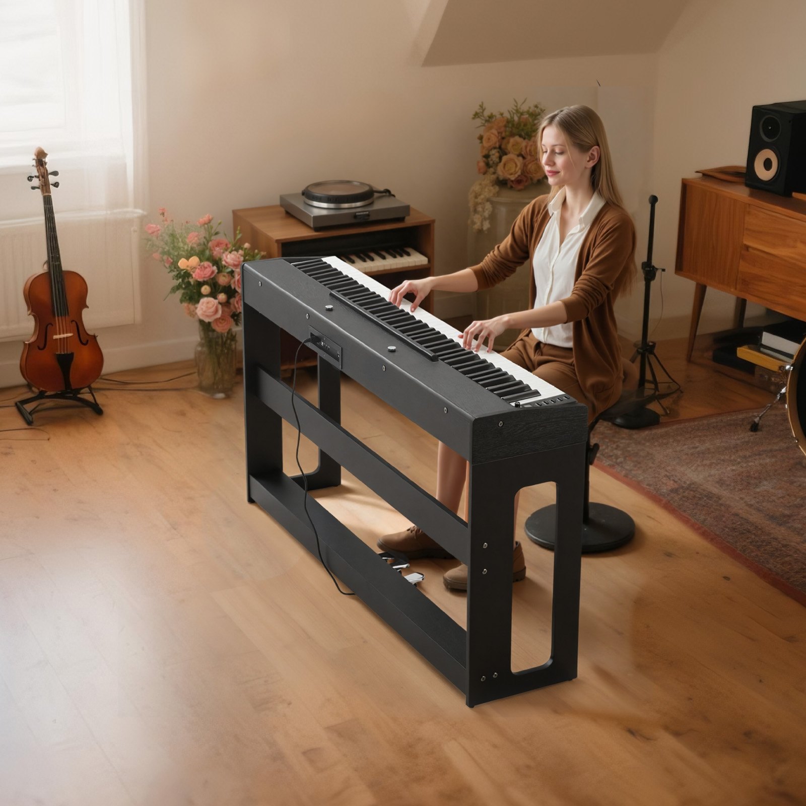 VEVOR Piano Digital 88 Teclas, Modo de Teclado Dual, Altavoces, con Atril, Soporte, Pedal de Sostenido, Adaptador CC, 280 Tonos, Conexión Inalámbrica, a Principiantes, Negro, 1310 x 300 x 850 mm